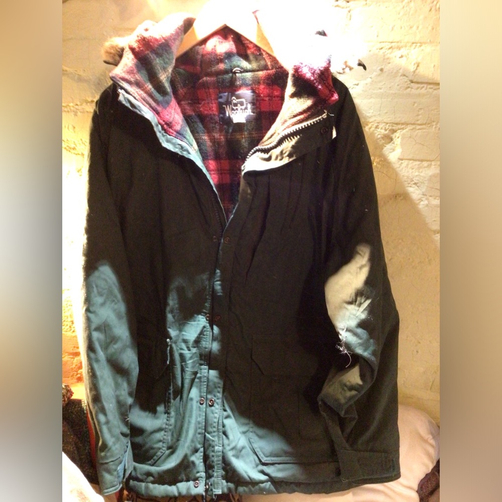 Vintage Woolrich Green Jacket with Plaid Lining hooded !